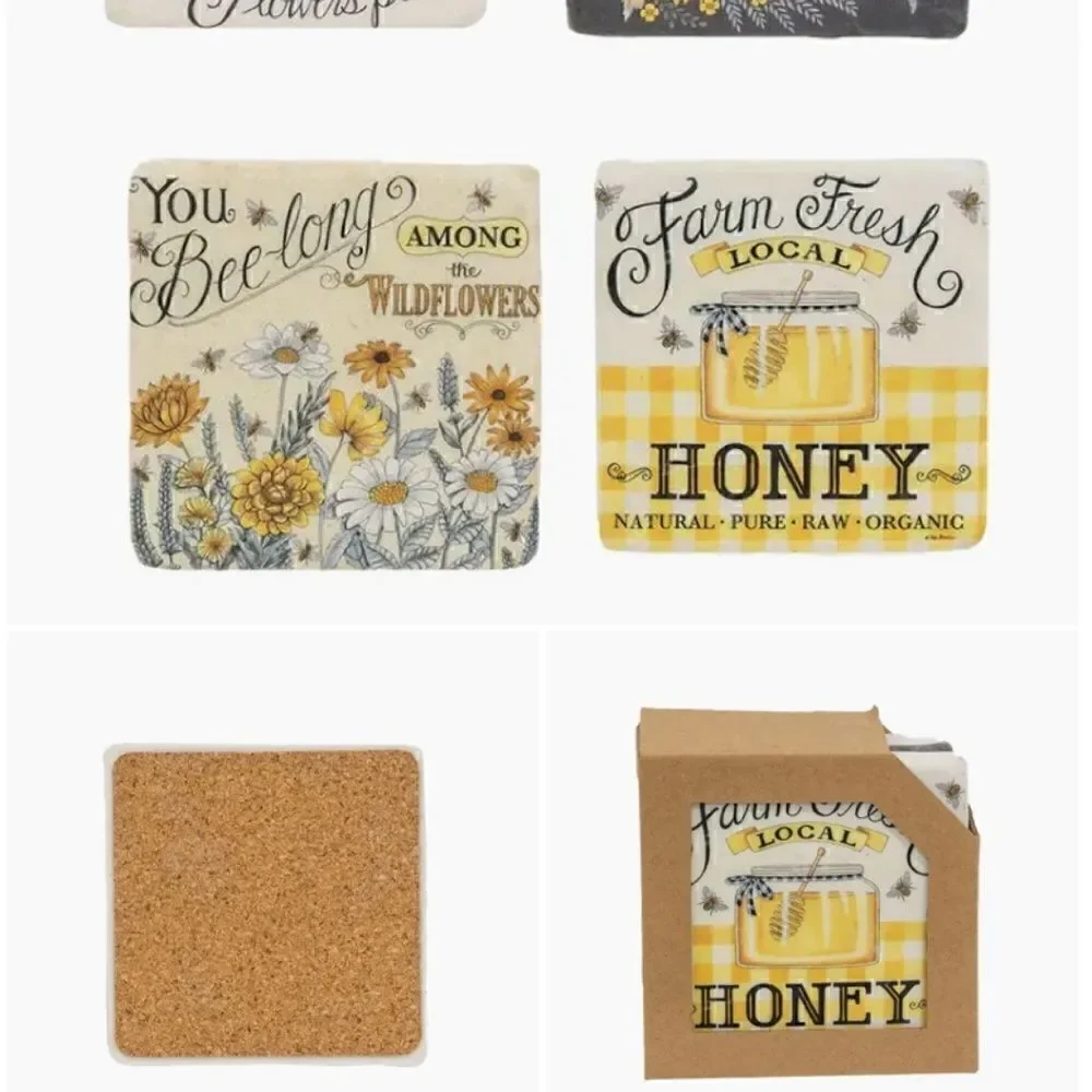 NEW! Honey Bee Resin Coaster Boxed Set Farmhouse Bumble bee Spring Flowers Honey